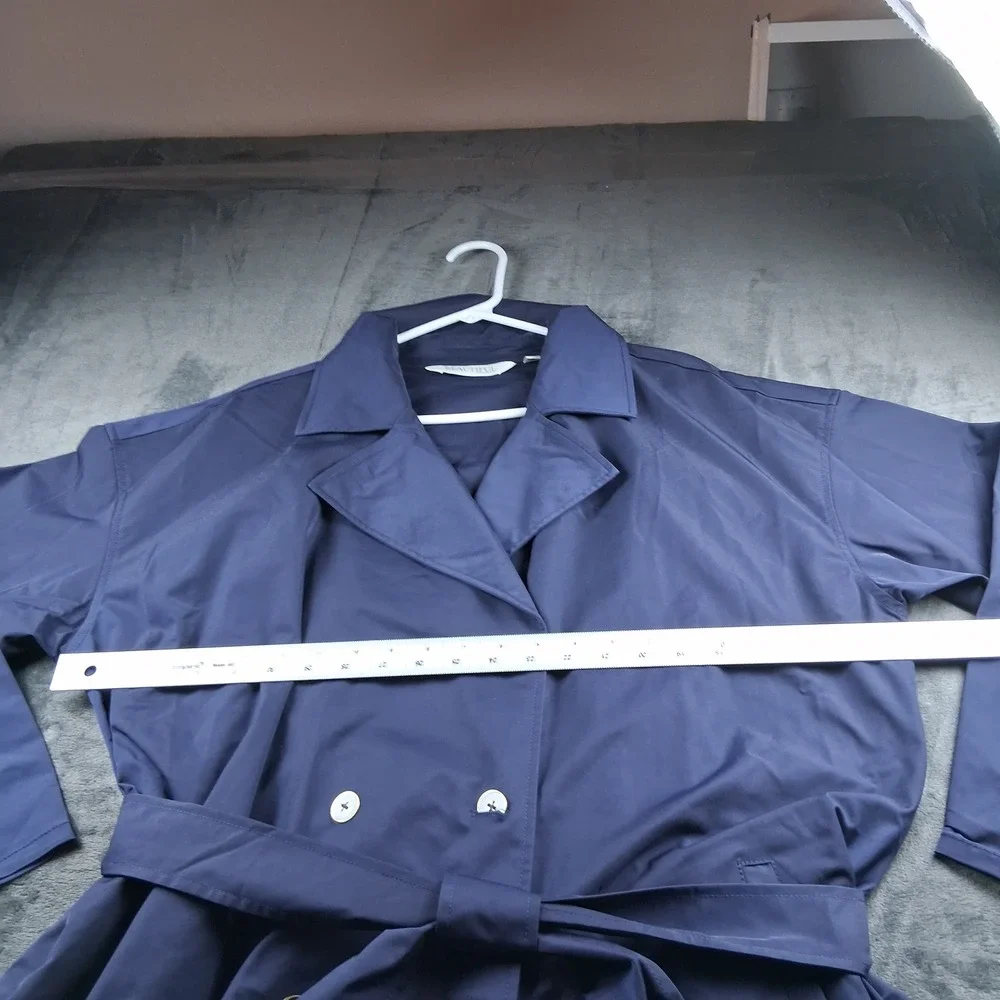 Beautiful by Lawrence Zorian Trench Coat Womens 1X Navy Pleated Back Belted Long